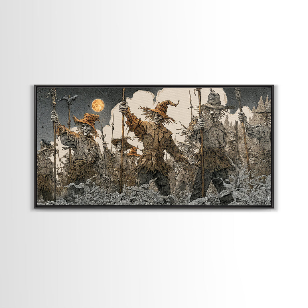 The Scarecrow Uprising, Symbolist Etching Art, Wide Panoramic Art, Macabre Wall Art, Canvas Print, Halloween Wall Art, Statement Wall Art