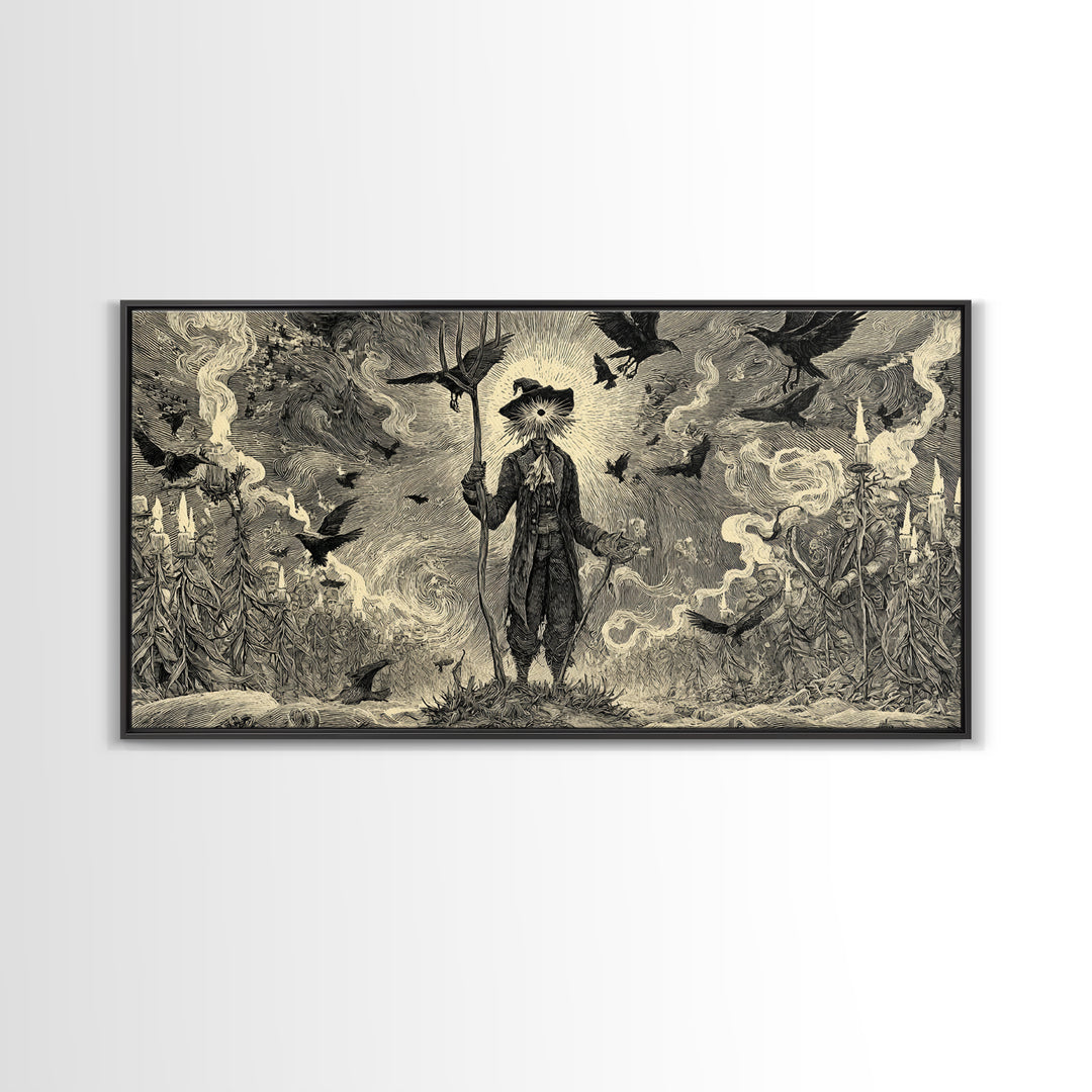 The Scarecrow Uprising, Expressionist Nightmare Art, Wide Panoramic Art, Dark Halloween Decor, Canvas Print, Halloween Wall Art