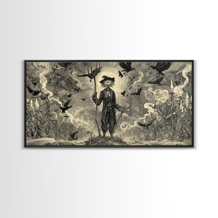 The Scarecrow Uprising, Expressionist Nightmare Art, Wide Panoramic Art, Dark Halloween Decor, Canvas Print, Halloween Wall Art