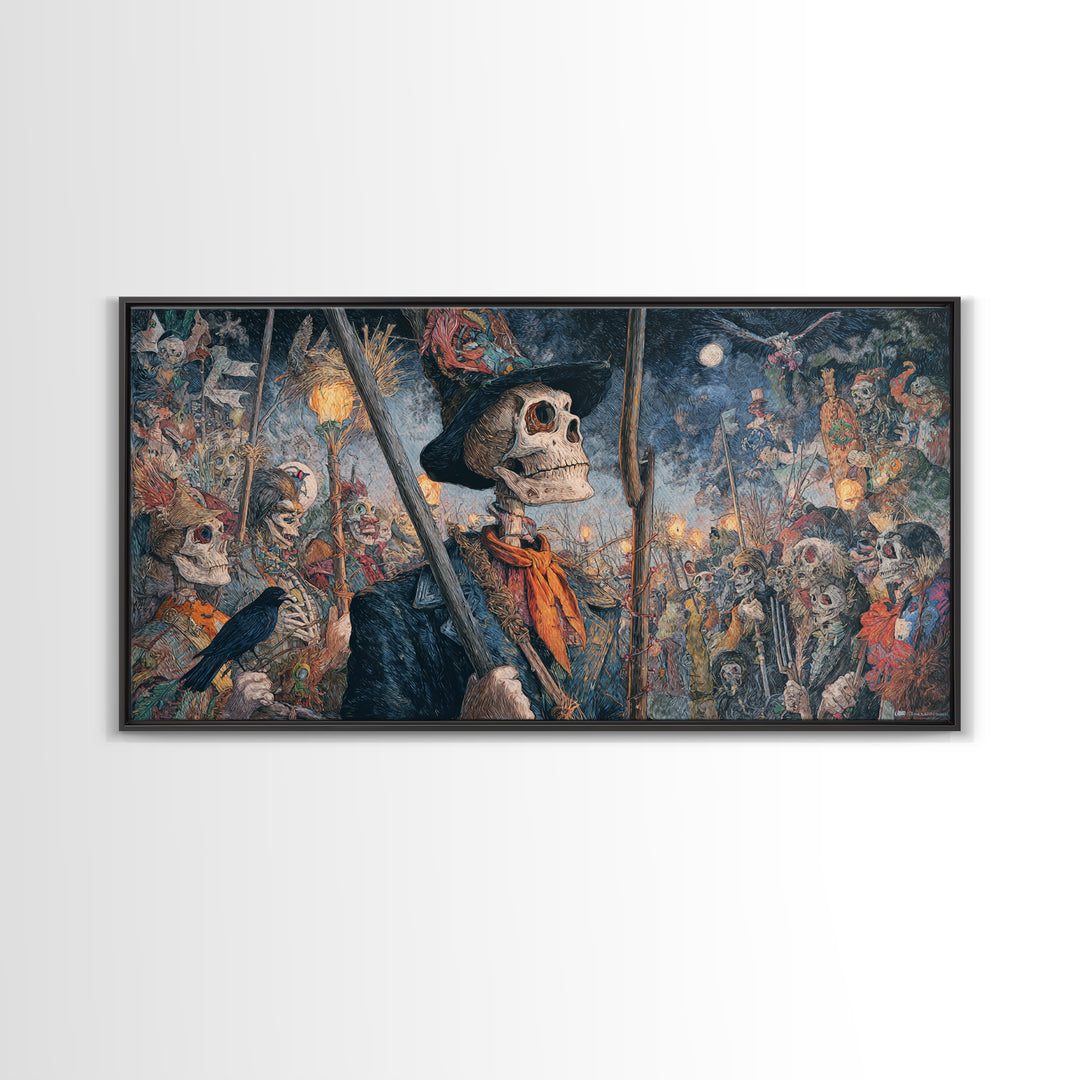 The Scarecrow Uprising, Grotesque Carnival Art, Wide Panoramic Art, Dark Halloween Decor, Framed Canvas Print, Halloween Wall Art