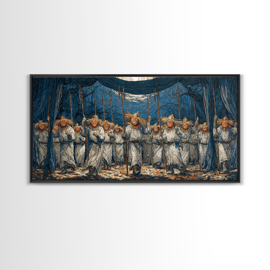 The Scarecrow Uprising, Expressionist Gothic Art, Wide Panoramic Art, Macabre Wall Art, Framed Canvas Print, Halloween Wall Art