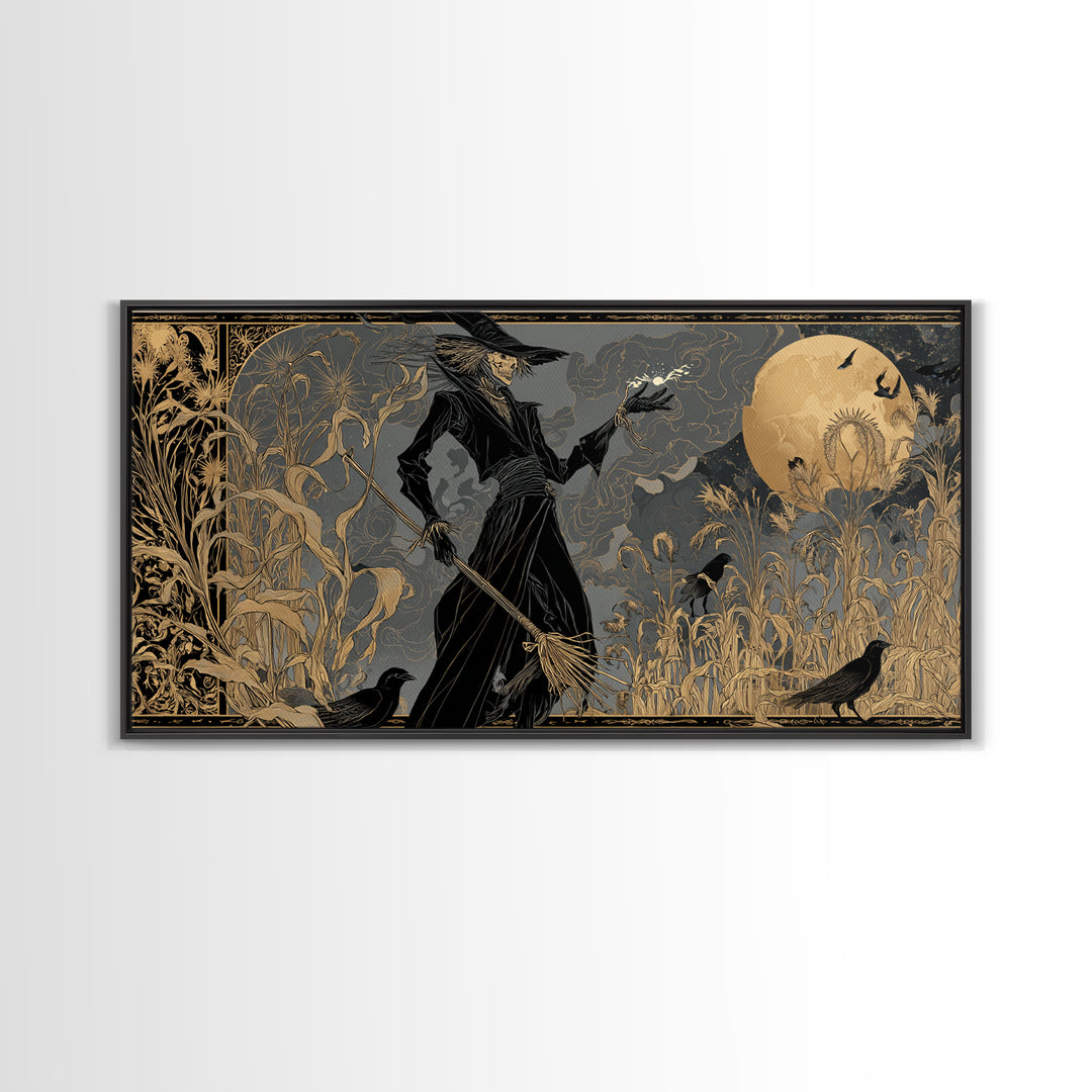 The Scarecrow Uprising, Decadent Line Art, Wide Panoramic Art, Dark Halloween Decor, Framed Canvas Print, Halloween Wall Art