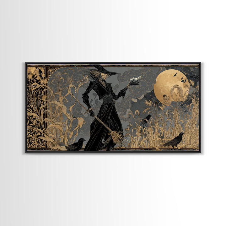 The Scarecrow Uprising, Decadent Line Art, Wide Panoramic Art, Dark Halloween Decor, Framed Canvas Print, Halloween Wall Art