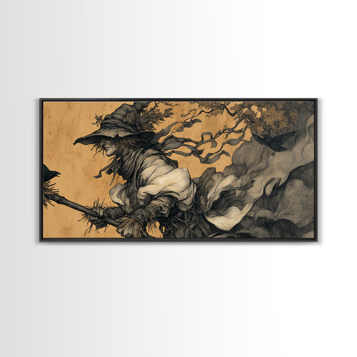 The Scarecrow Uprising, Gothic Storybook Art, Wide Panoramic Art, Dark Halloween Decor, Framed Canvas Print, Halloween Wall Art