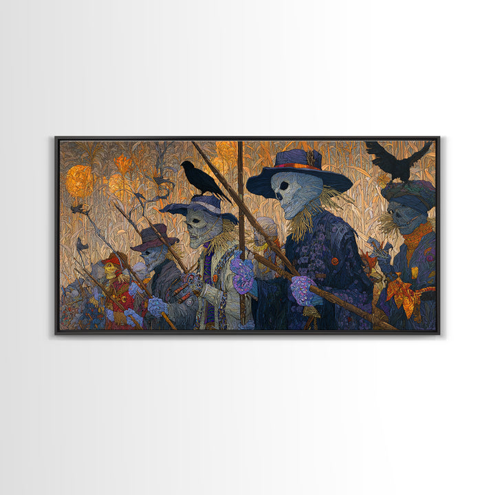 The Scarecrow Uprising, Stained Glass Gothic Art, Wide Panoramic Art, Dark Halloween Decor, Canvas Print, Halloween Wall Art