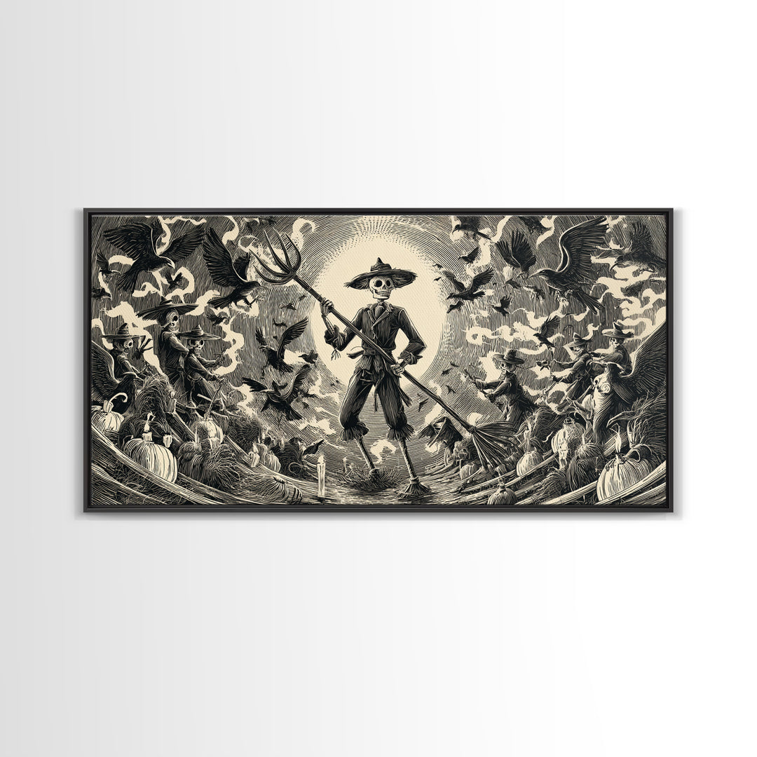 The Scarecrow Uprising, Macabre Folk Print Art, Wide Panoramic Art, Dark Fantasy Wall Art, Canvas Print, Halloween Wall Art