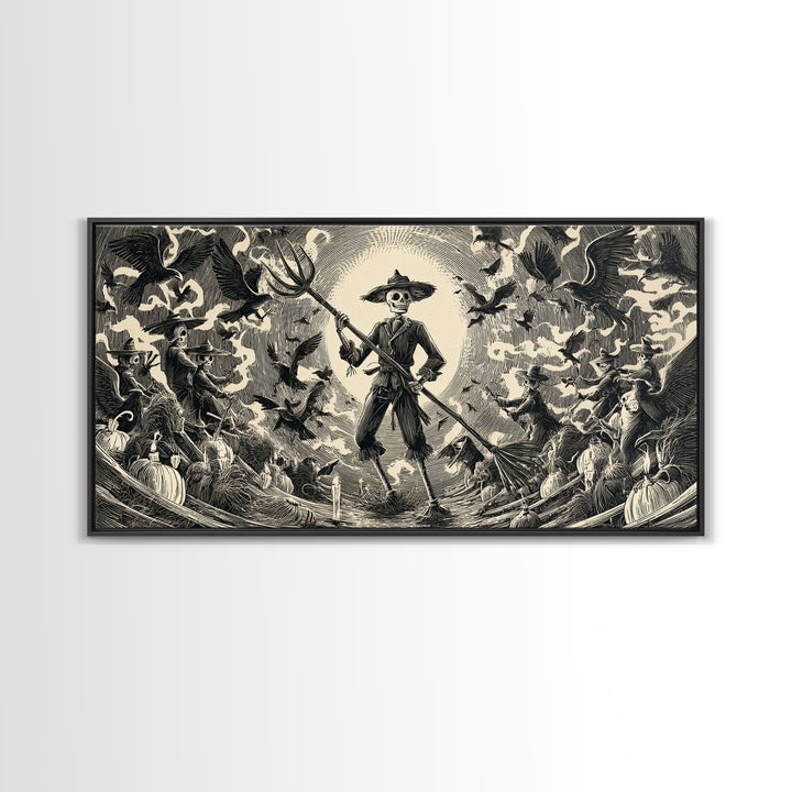 The Scarecrow Uprising, Macabre Folk Print Art, Wide Panoramic Art, Dark Fantasy Wall Art, Canvas Print, Halloween Wall Art