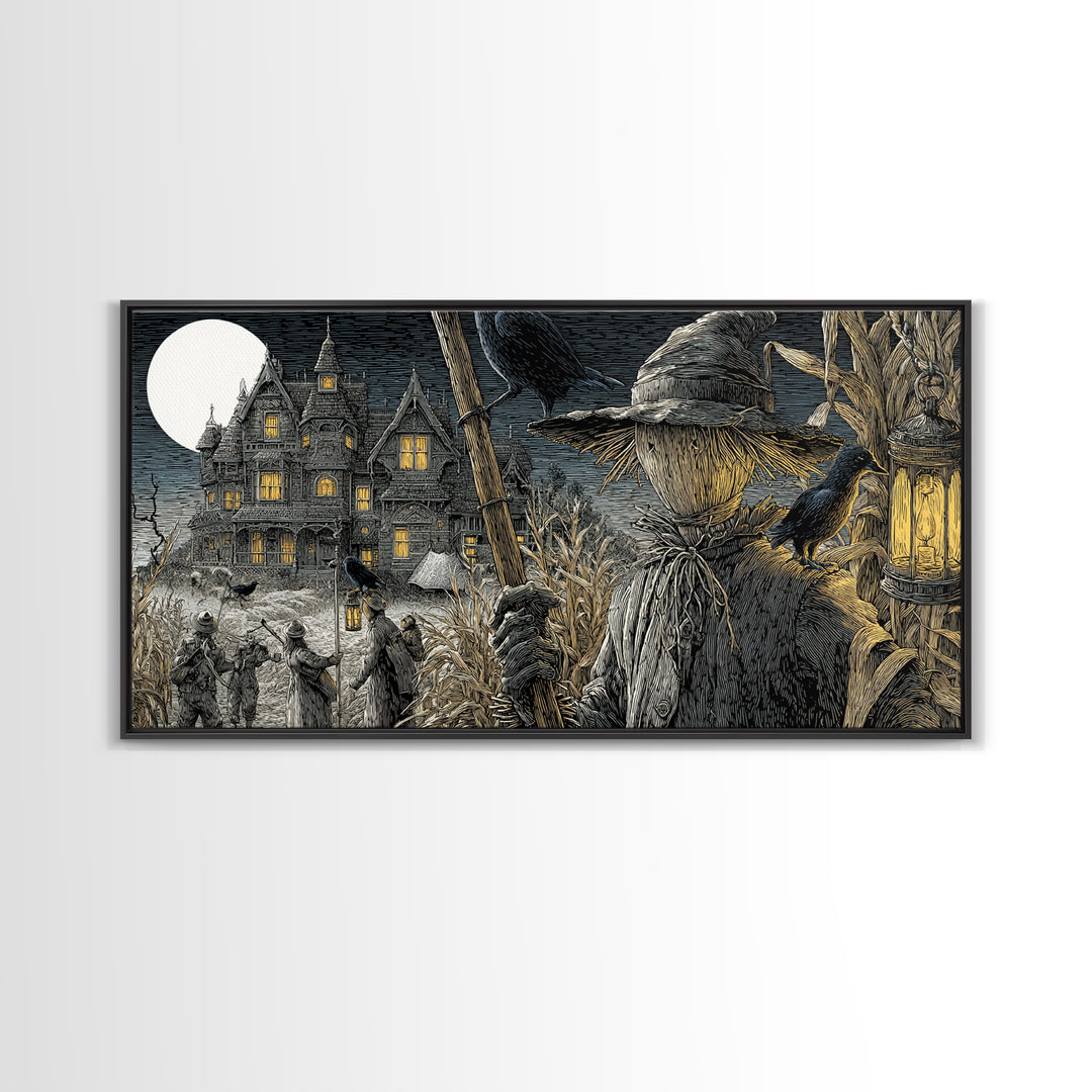 The Scarecrow Uprising, Victorian Macabre Art, Wide Panoramic Art, Macabre Wall Art, Framed Canvas Print, Halloween Wall Art