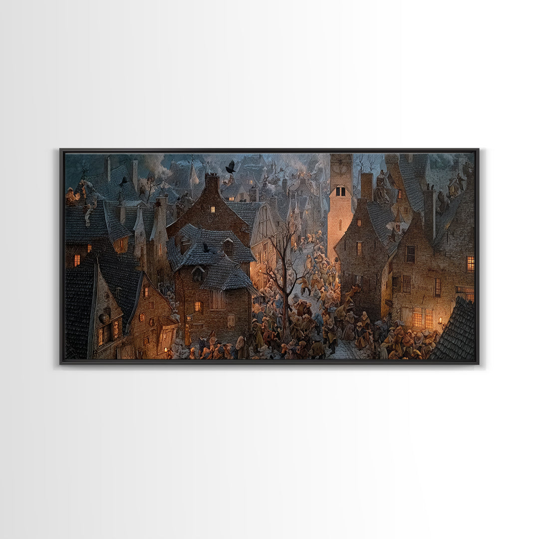 The Thirteenth Bell, Northern Renaissance Horror, Wide Panoramic Art, Dark Halloween Decor, Framed Canvas Print
