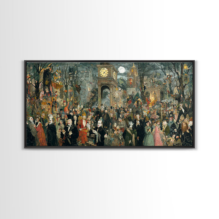 The Thirteenth Bell, Grotesque Carnival Art, Wide Panoramic Art, Dark Fantasy Wall Art, Framed Canvas Print, Halloween Wall Art