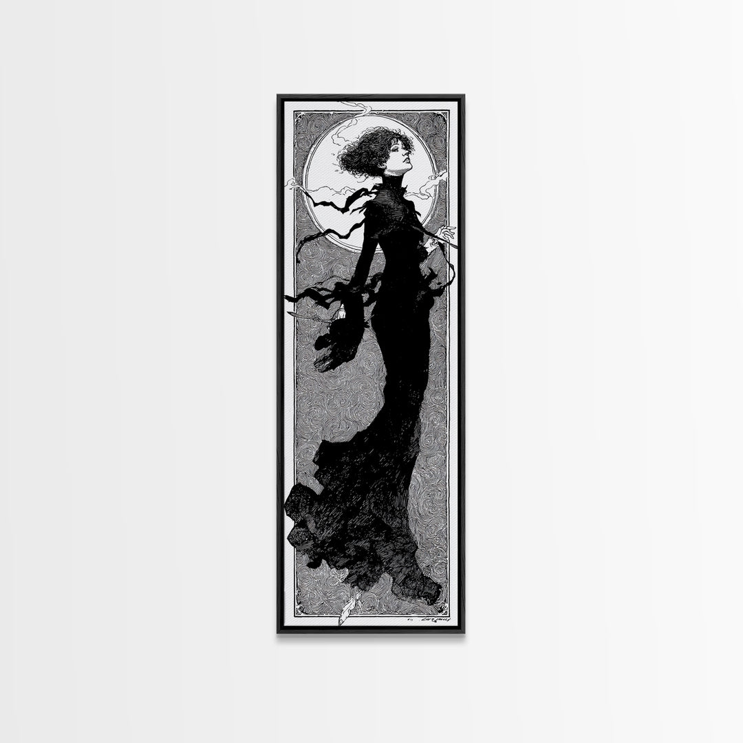 The Thirteenth Bell, Decadent Line Art, Tall Narrow Wall Art, Dark Fantasy Wall Art, Framed Canvas Print, Halloween Wall Art