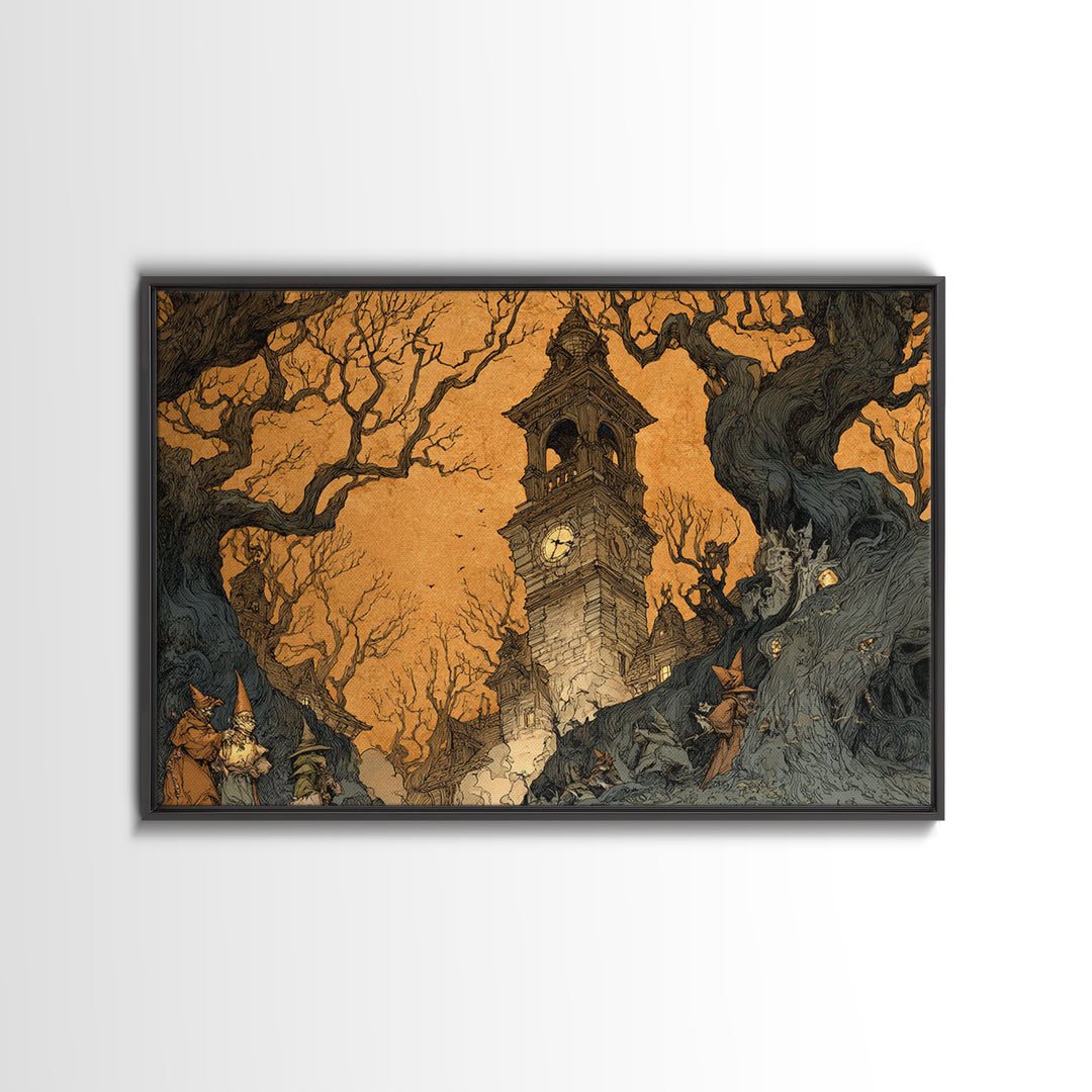 The Thirteenth Bell, Gothic Storybook Art, Landscape Wall Art, Dark Halloween Decor, Framed Canvas Print, Halloween Wall Art