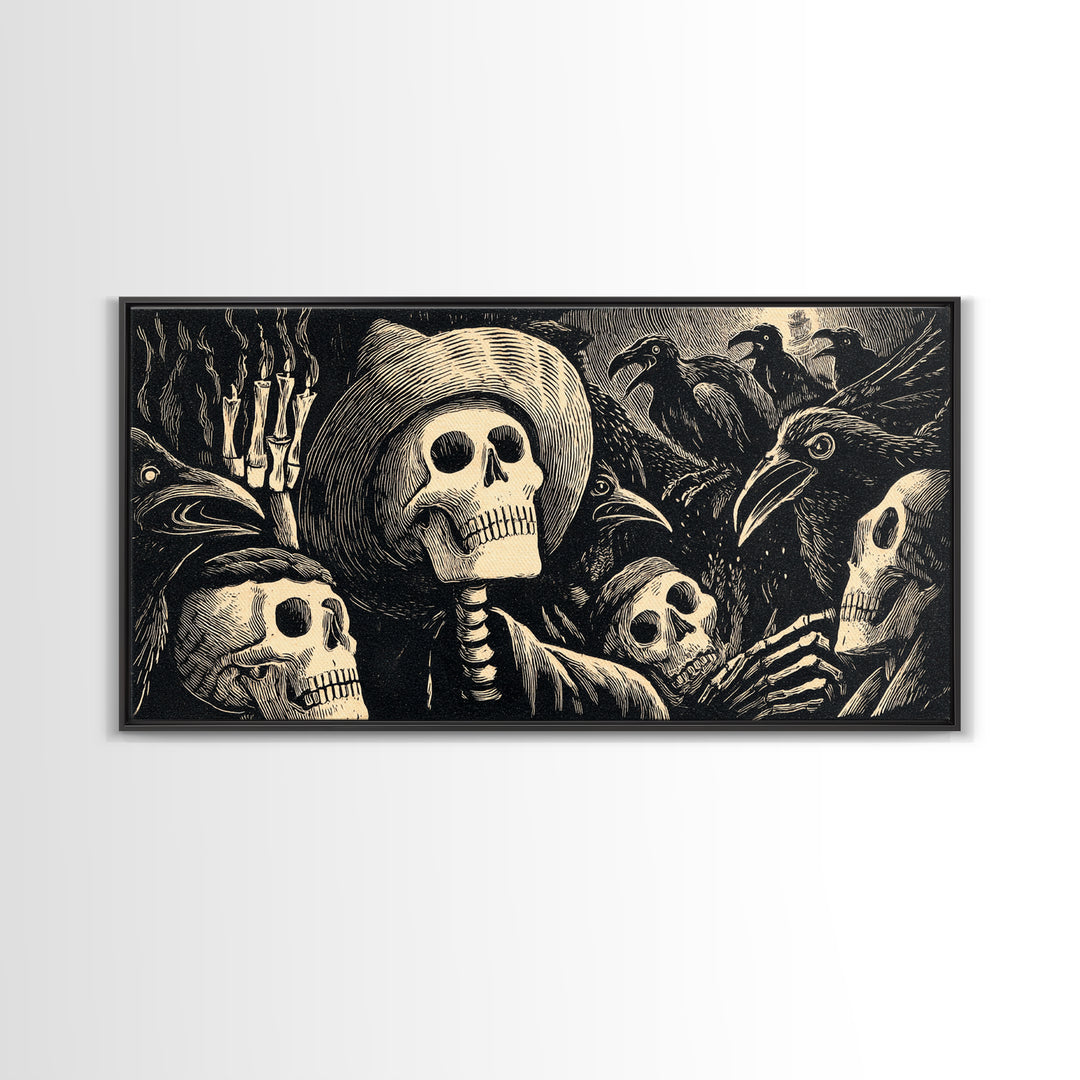 The Thirteenth Bell, Macabre Folk Print Art, Wide Panoramic Art, Macabre Wall Art, Canvas Print, Halloween Wall Art