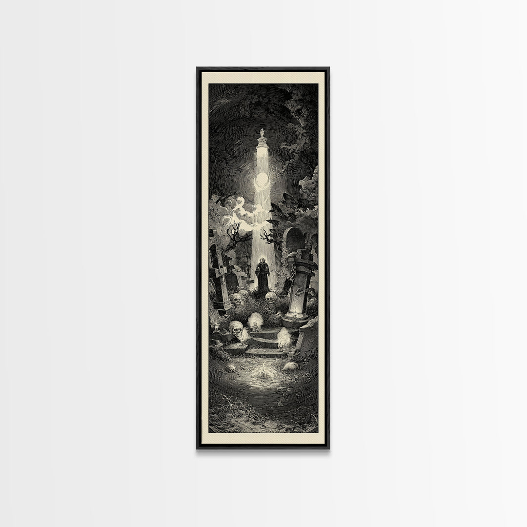 The Cemetery Lantern Festival, Gothic Engraving Art, Tall Narrow Wall Art, Gothic Horror Wall Art, Canvas Print, Halloween Wall Art