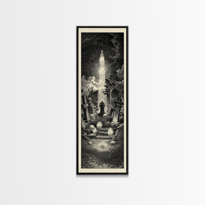The Cemetery Lantern Festival, Gothic Engraving Art, Tall Narrow Wall Art, Gothic Horror Wall Art, Canvas Print, Halloween Wall Art