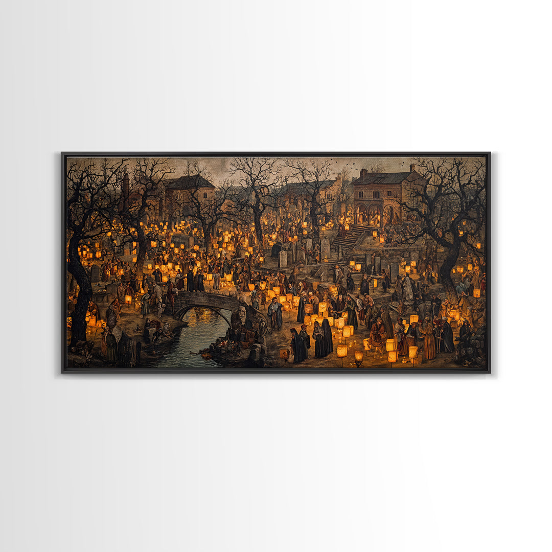 The Cemetery Lantern Festival, Northern Renaissance Horror, Wide Panoramic Art, Dark Halloween Decor, Framed Canvas Print