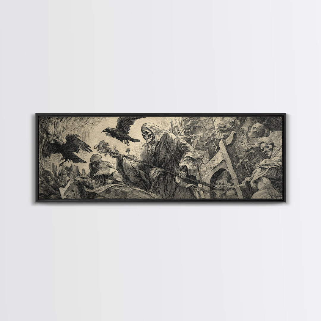 The Cemetery Lantern Festival, Renaissance Engraving Art, Extra Wide Wall Art, Macabre Wall Art, Canvas Print, Halloween Wall Art