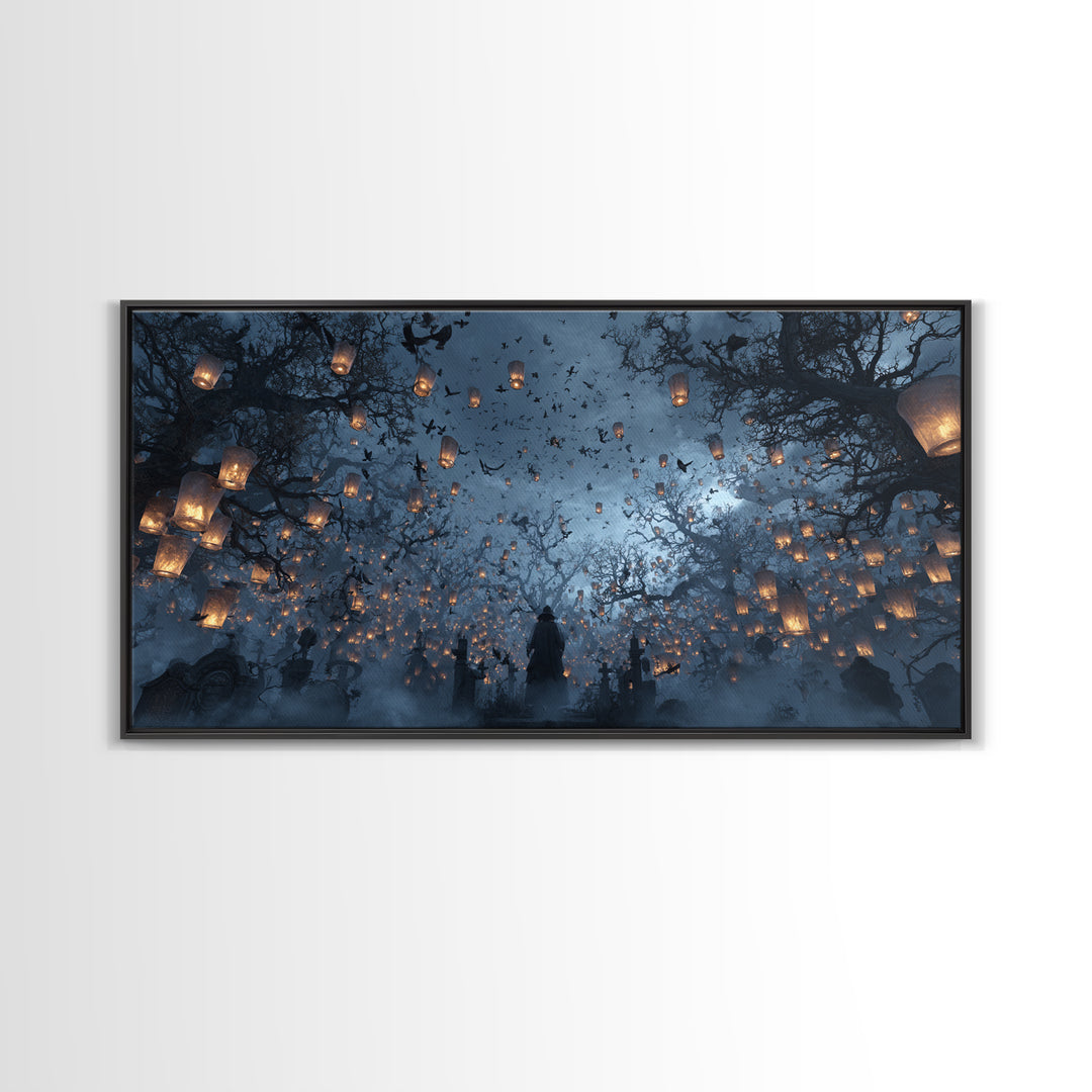 The Cemetery Lantern Festival, Baroque Witchcraft Art, Wide Panoramic Art, Macabre Wall Art, Framed Canvas Print, Halloween Wall Art