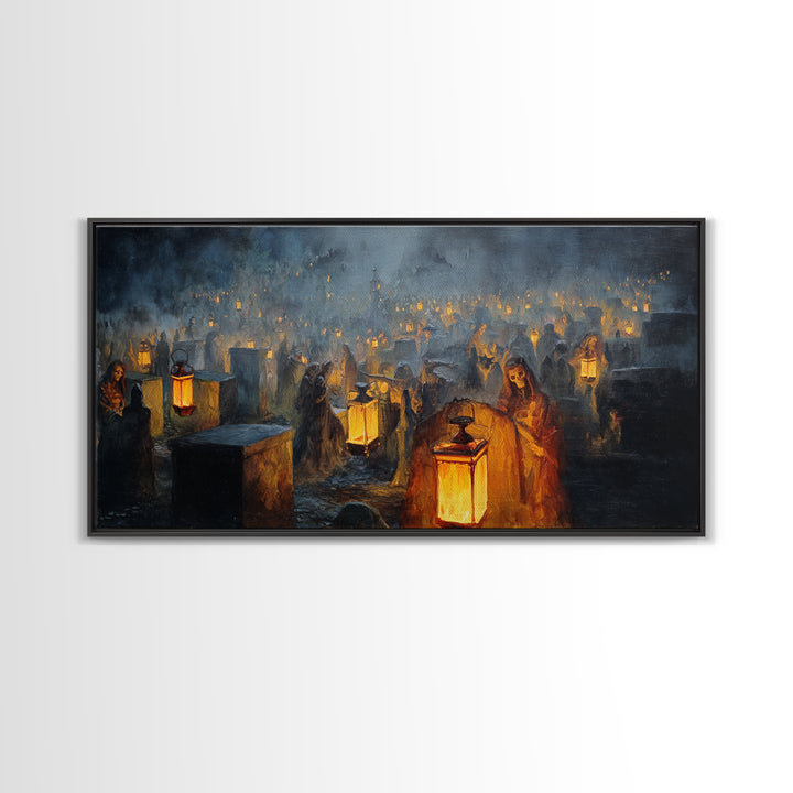 The Cemetery Lantern Festival, Dark Romantic Horror Art, Wide Panoramic Art, Gothic Horror Wall Art, Framed Canvas Print