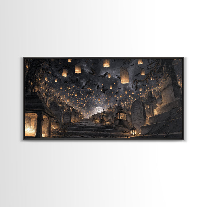 The Cemetery Lantern Festival, Architectural Etching Art, Wide Panoramic Art, Gothic Horror Wall Art, Framed Canvas Print