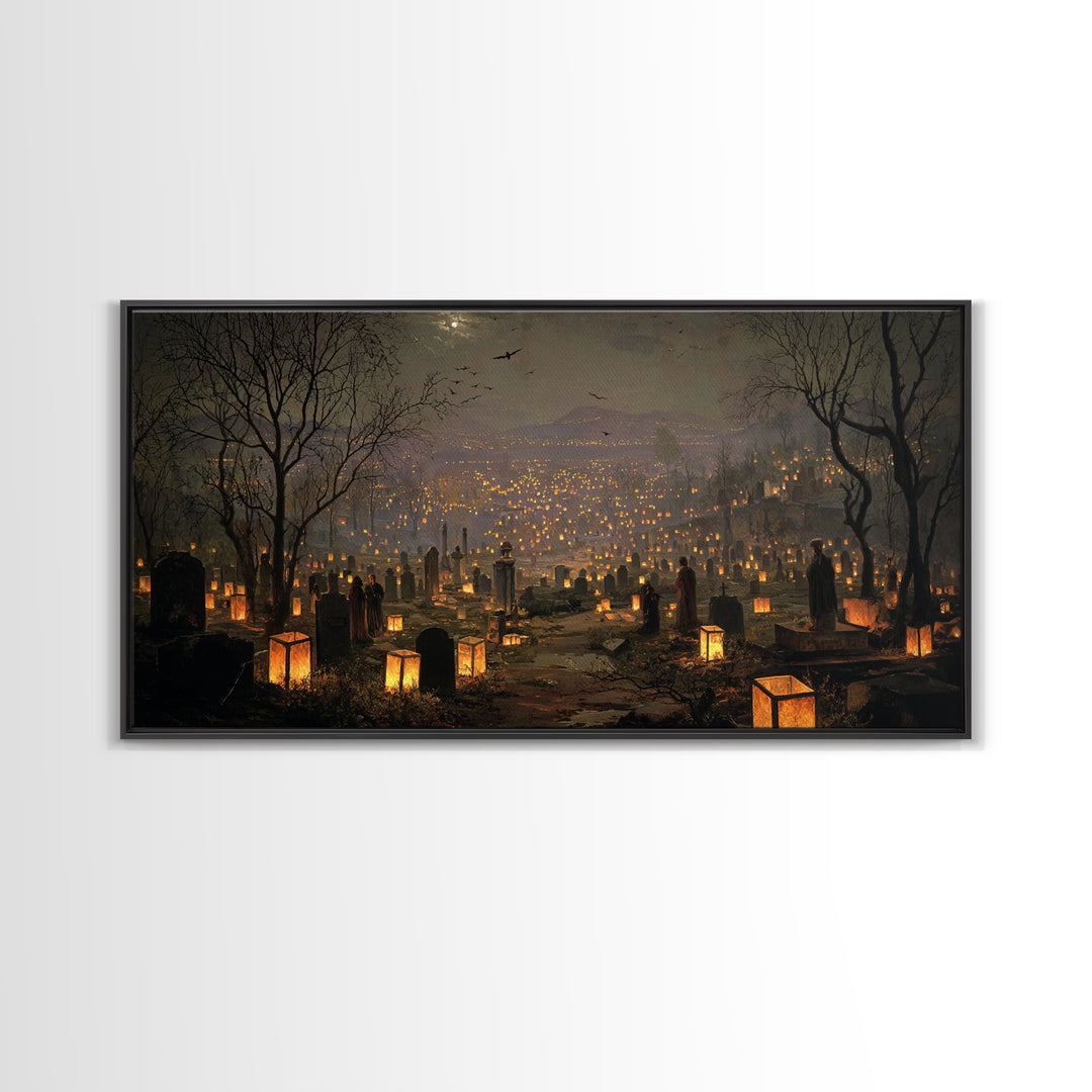 The Cemetery Lantern Festival, Romantic Gothic Landscape, Wide Panoramic Art, Dark Fantasy Wall Art, Framed Canvas Print