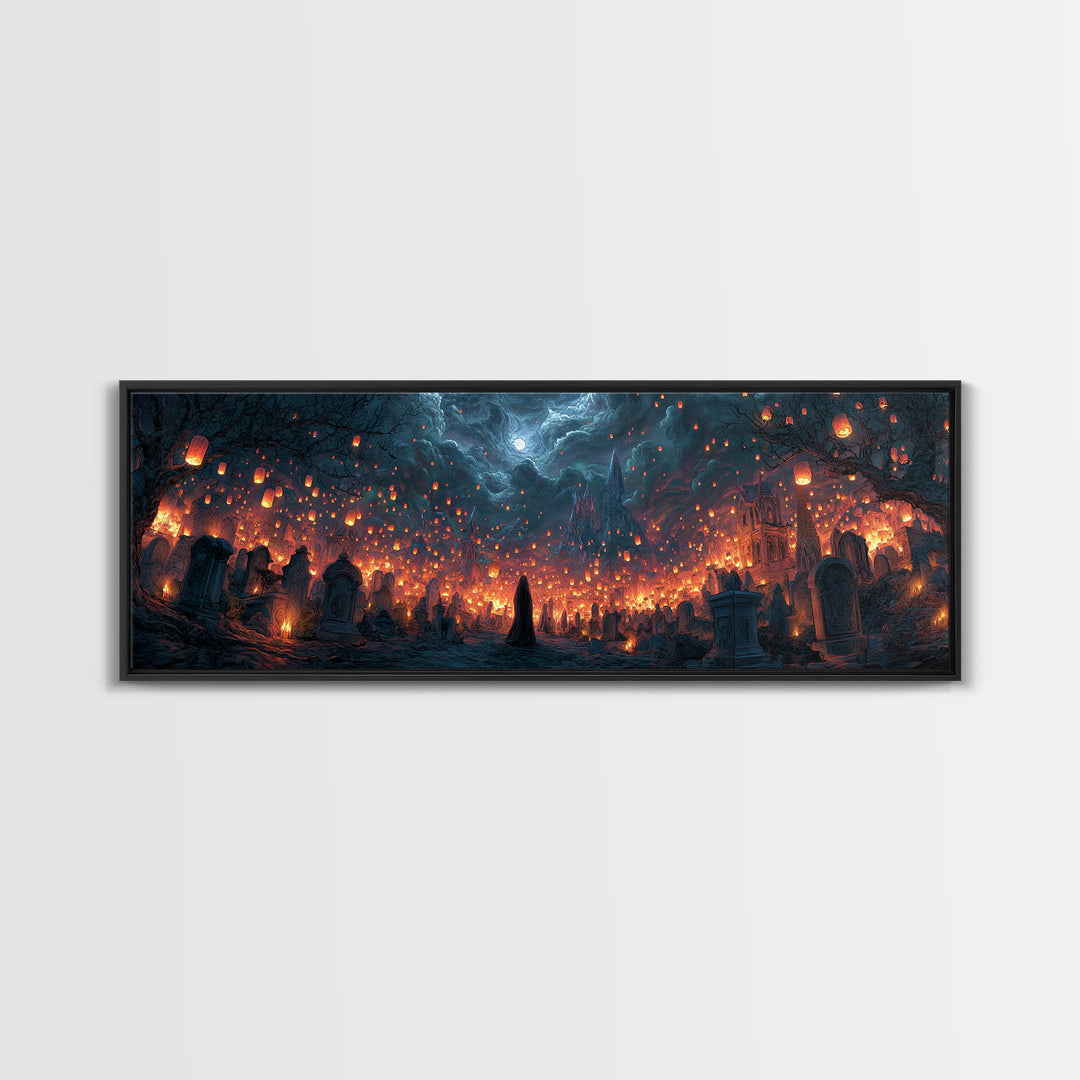 The Cemetery Lantern Festival, Apocalyptic Romantic Art, Extra Wide Wall Art, Dark Fantasy Wall Art, Framed Canvas Print, Halloween Wall Art