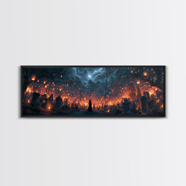 The Cemetery Lantern Festival, Apocalyptic Romantic Art, Extra Wide Wall Art, Dark Fantasy Wall Art, Framed Canvas Print, Halloween Wall Art