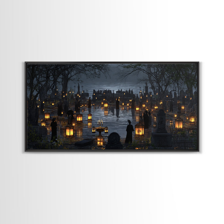 The Cemetery Lantern Festival, Symbolist Gothic Landscape, Wide Panoramic Art, Dark Fantasy Wall Art, Canvas Print, Halloween Wall Art