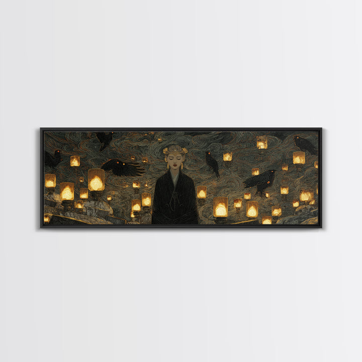 The Cemetery Lantern Festival, Dark Symbolist Art, Extra Wide Wall Art, Macabre Wall Art, Canvas Print, Halloween Wall Art