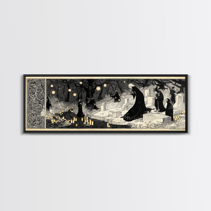 The Cemetery Lantern Festival, Decadent Line Art, Extra Wide Wall Art, Macabre Wall Art, Framed Canvas Print, Halloween Wall Art