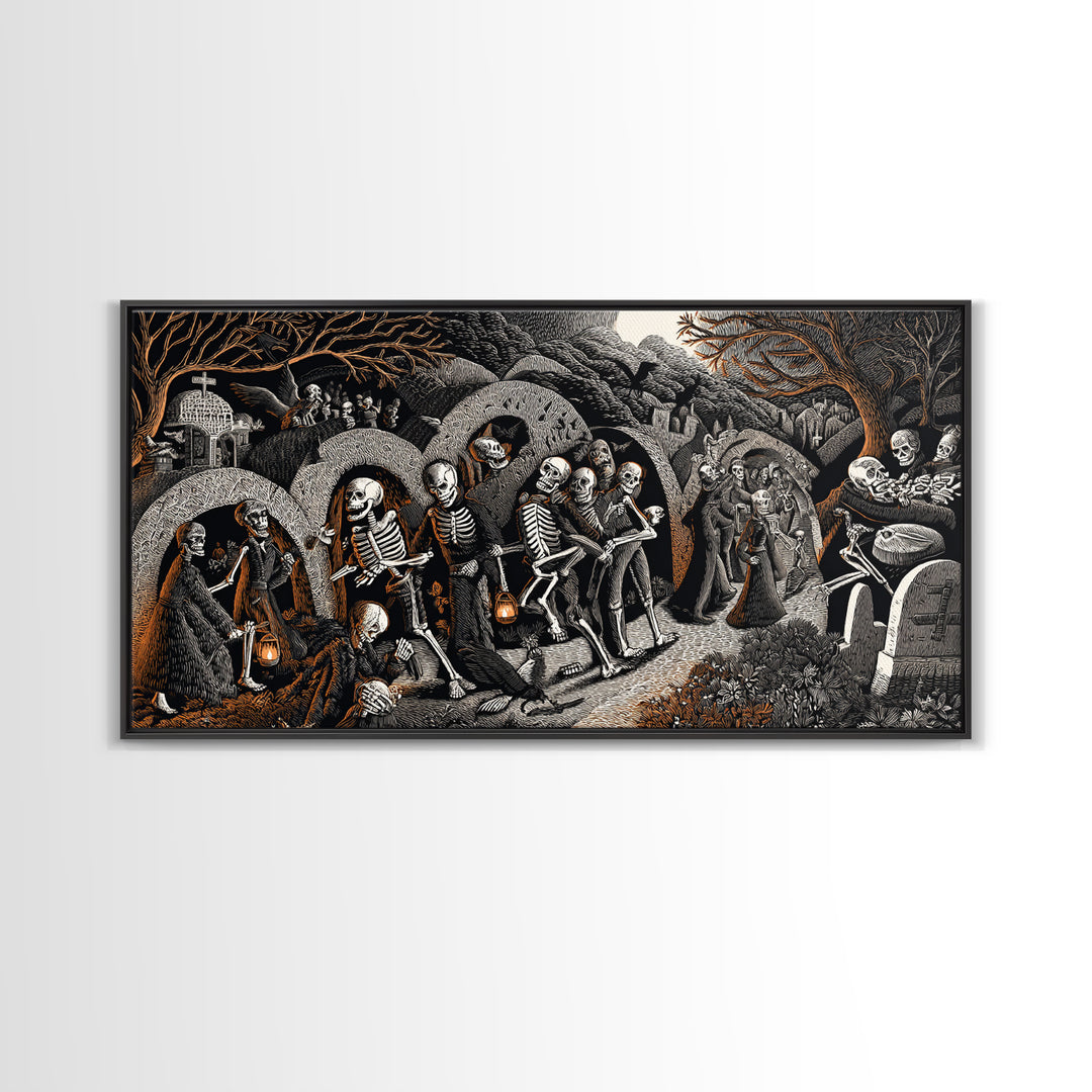 The Cemetery Lantern Festival, Macabre Folk Print Art, Wide Panoramic Art, Dark Halloween Decor, Framed Canvas Print