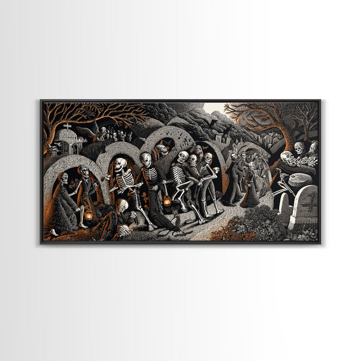 The Cemetery Lantern Festival, Macabre Folk Print Art, Wide Panoramic Art, Dark Halloween Decor, Framed Canvas Print