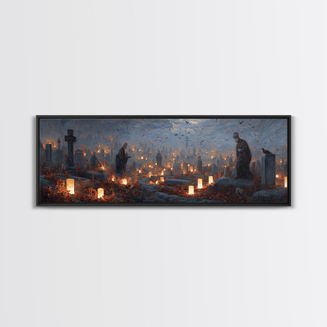 The Cemetery Lantern Festival, Surreal Apocalyptic Art, Extra Wide Wall Art, Gothic Horror Wall Art, Canvas Print, Halloween Decor