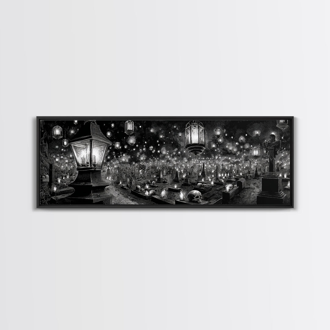 The Cemetery Lantern Festival, Biomechanical Horror Art, Extra Wide Wall Art, Gothic Horror Wall Art, Framed Canvas Print