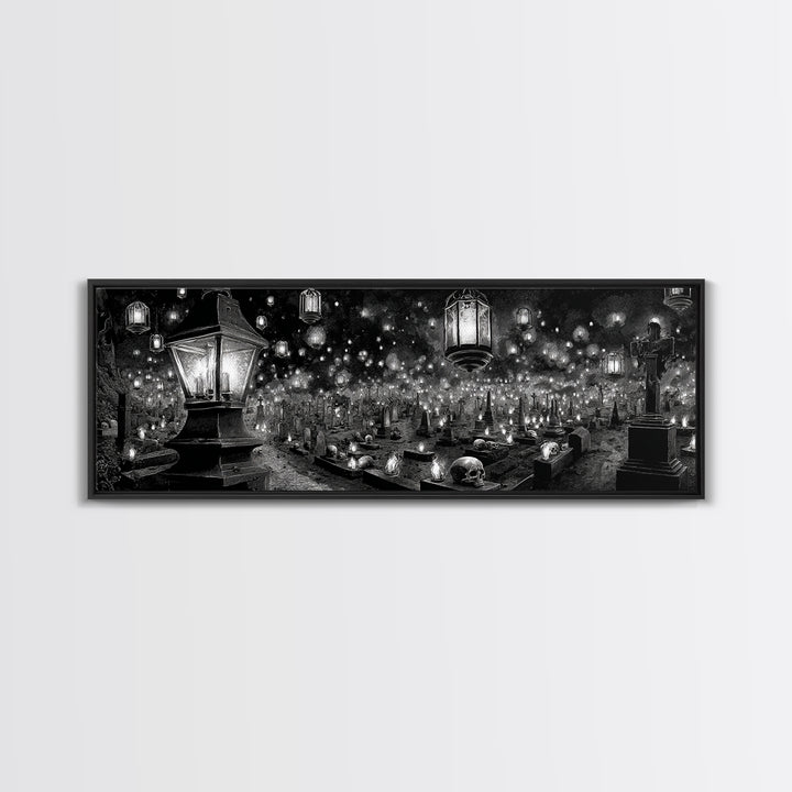 The Cemetery Lantern Festival, Biomechanical Horror Art, Extra Wide Wall Art, Gothic Horror Wall Art, Framed Canvas Print