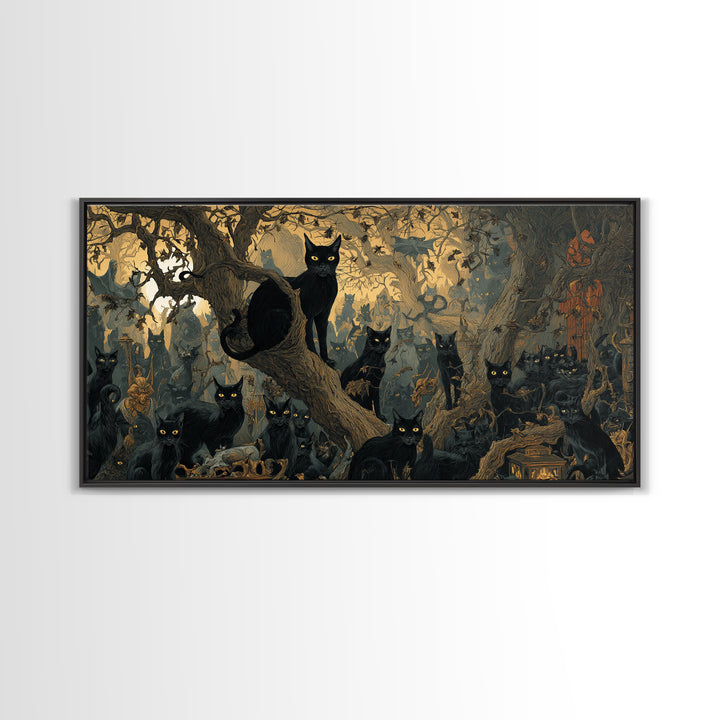 The Black Cat Gathering, Medieval Grotesque Art, Wide Panoramic Art, Dark Fantasy Wall Art, Canvas Print, Halloween Wall Art