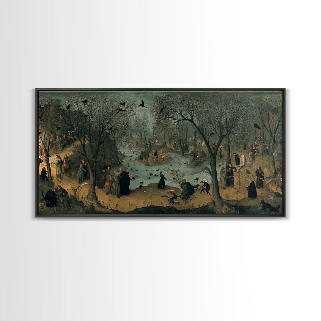 The Black Cat Gathering, Northern Renaissance Horror, Wide Panoramic Art, Gothic Horror Wall Art, Framed Canvas Print