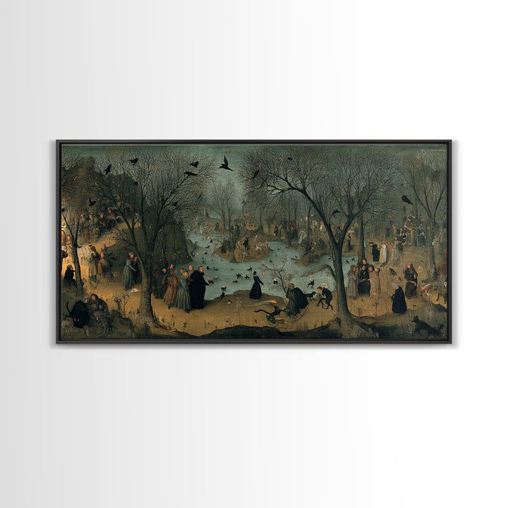 The Black Cat Gathering, Northern Renaissance Horror, Wide Panoramic Art, Gothic Horror Wall Art, Framed Canvas Print