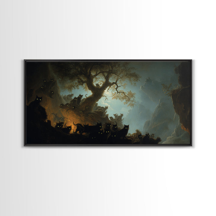 The Black Cat Gathering, Baroque Witchcraft Art, Wide Panoramic Art, Dark Fantasy Wall Art, Framed Canvas Print, Halloween Wall Art