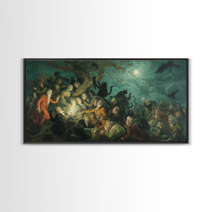 The Black Cat Gathering, Gothic Nightmare Art, Wide Panoramic Art, Macabre Wall Art, Canvas Print, Halloween Wall Art