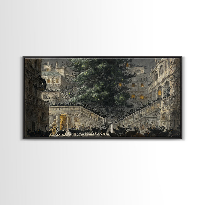 The Black Cat Gathering, Architectural Etching Art, Wide Panoramic Art, Macabre Wall Art, Canvas Print, Halloween Wall Art