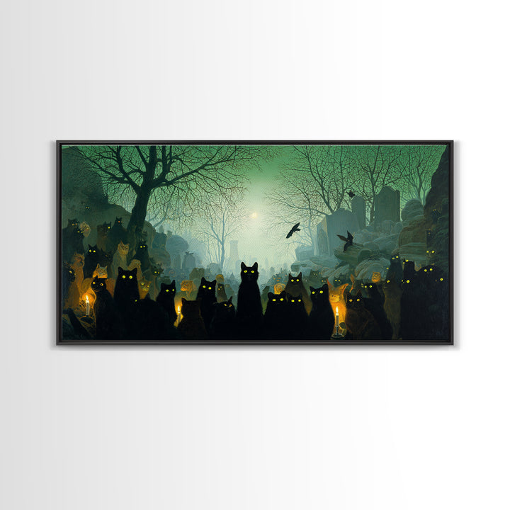 The Black Cat Gathering, Romantic Gothic Landscape, Wide Panoramic Art, Dark Fantasy Wall Art, Canvas Print, Halloween Wall Art