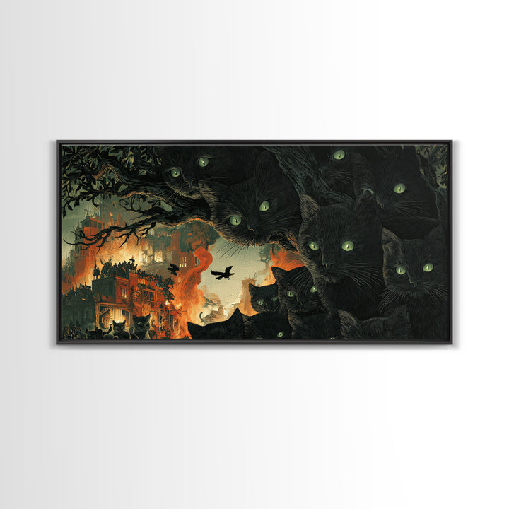 The Black Cat Gathering, Apocalyptic Romantic Art, Wide Panoramic Art, Macabre Wall Art, Framed Canvas Print, Halloween Wall Art