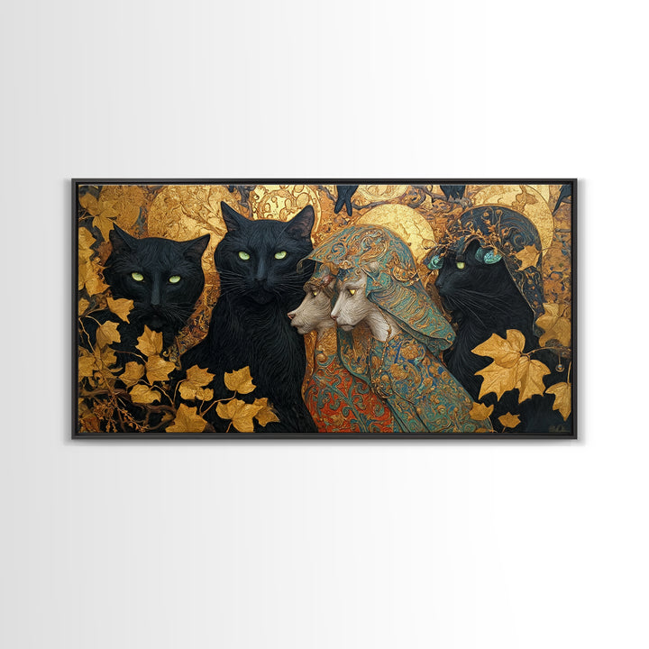 The Black Cat Gathering, Ornate Symbolist Art, Wide Panoramic Art, Gothic Horror Wall Art, Canvas Print, Halloween Wall Art