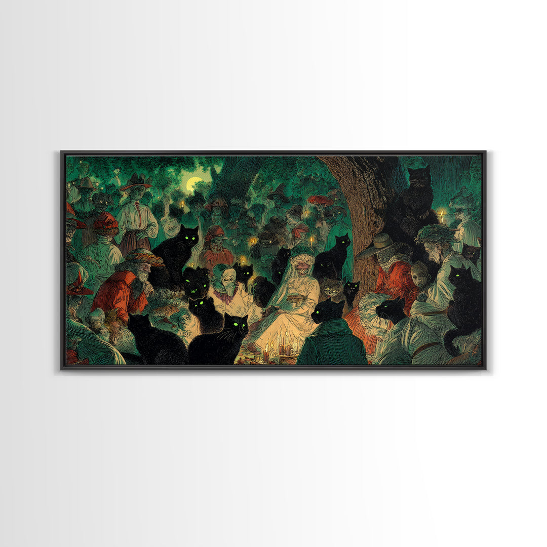 The Black Cat Gathering, Decadent Gothic Art, Wide Panoramic Art, Gothic Horror Wall Art, Canvas Print, Halloween Wall Art