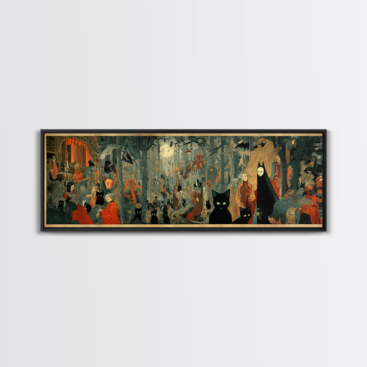 The Black Cat Gathering, Symbolist Etching Art, Extra Wide Wall Art, Macabre Wall Art, Canvas Print, Halloween Wall Art