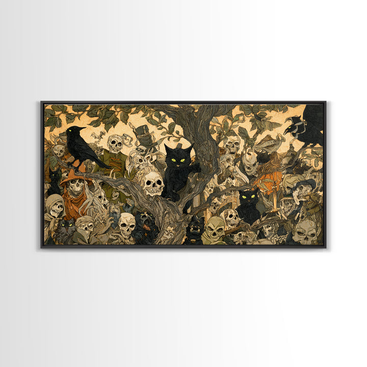The Black Cat Gathering, Grotesque Carnival Art, Wide Panoramic Art, Dark Halloween Decor, Framed Canvas Print, Halloween Wall Art