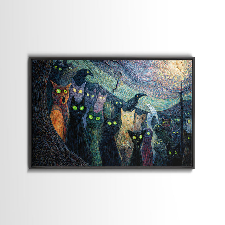 The Black Cat Gathering, Expressionist Gothic Art, Landscape Wall Art, Dark Halloween Decor, Canvas Print, Halloween Wall Art
