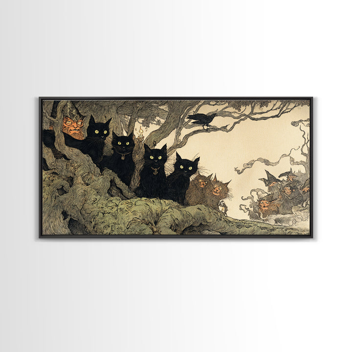 The Black Cat Gathering, Gothic Storybook Art, Wide Panoramic Art, Dark Halloween Decor, Framed Canvas Print, Halloween Wall Art