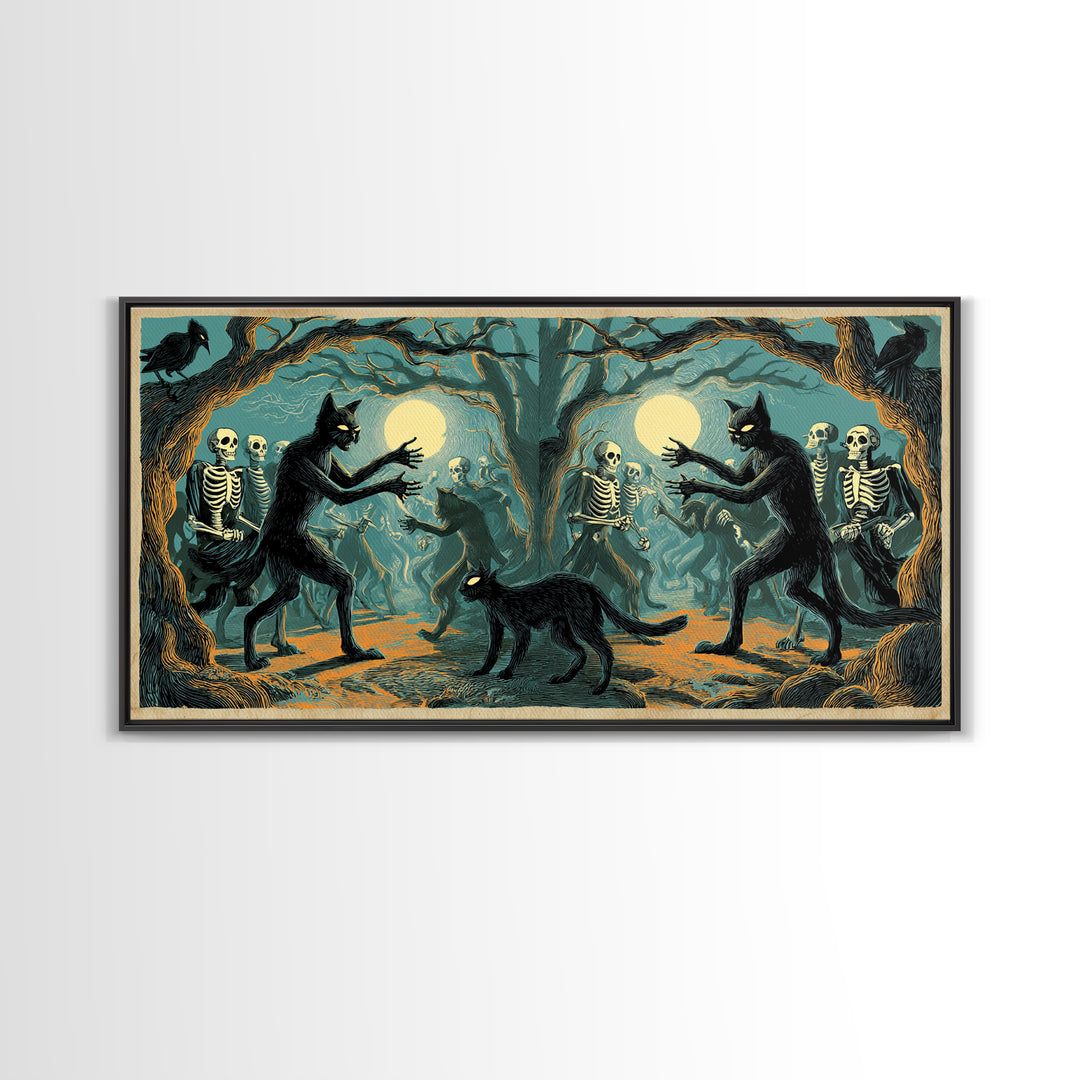 The Black Cat Gathering, Macabre Folk Print Art, Wide Panoramic Art, Macabre Wall Art, Framed Canvas Print, Halloween Wall Art